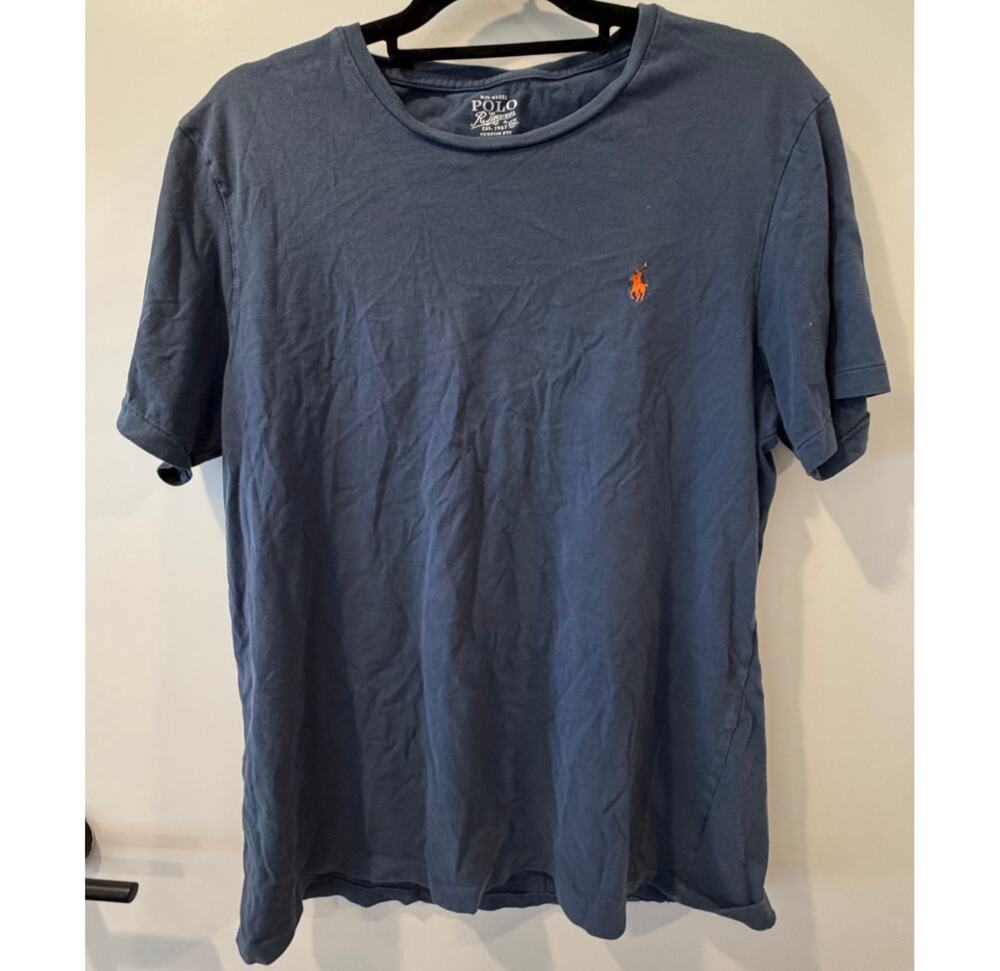 Polo Ralph Lauren Navy T-shirt Orange Logo Mens Large 100% Cotton Crew Neck